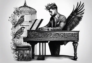 Man playing piano with a bird cage on his head tattoo idea