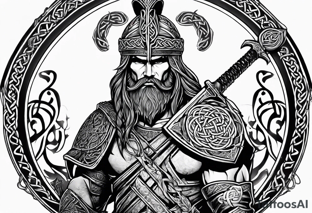 Side facing full body shot of Celtic warrior with weapon unsheathed. tattoo idea