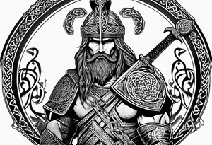 Side facing full body shot of Celtic warrior with weapon unsheathed. tattoo idea