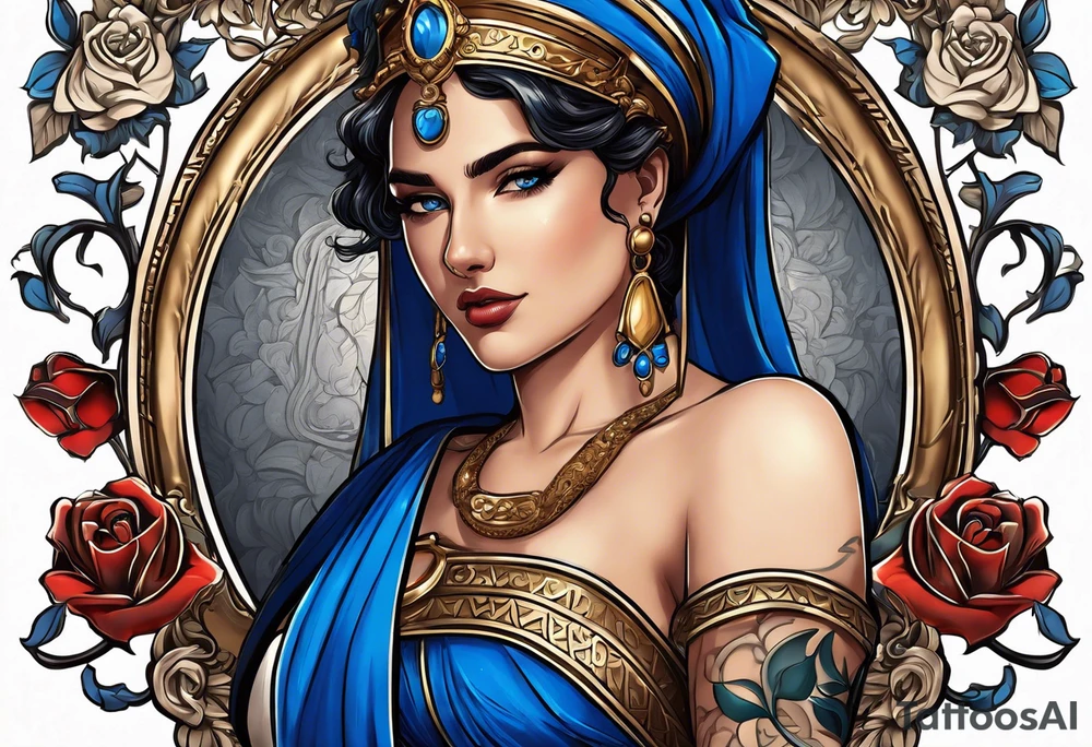 ancient rome clothes ,women,,ancient scale in one hand, blue rose frames, justicia ,keeps  scale tattoo idea