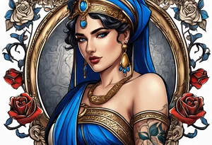 ancient rome clothes ,women,,ancient scale in one hand, blue rose frames, justicia ,keeps  scale tattoo idea