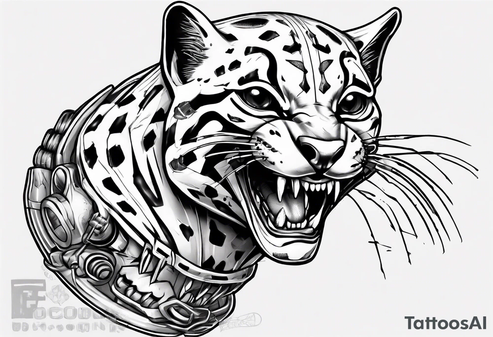 cybernetic ocelot full body teeth showing tattoo idea