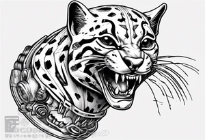 cybernetic ocelot full body teeth showing tattoo idea