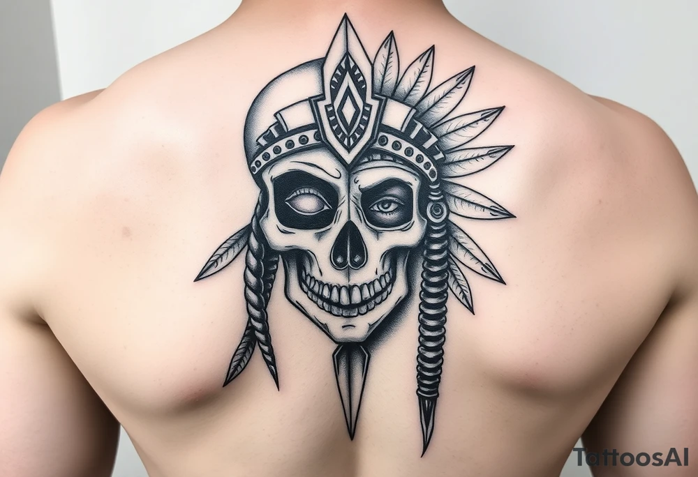 Half skull half face modern lady Aztec warrior sad but strong tired but still going tattoo idea
