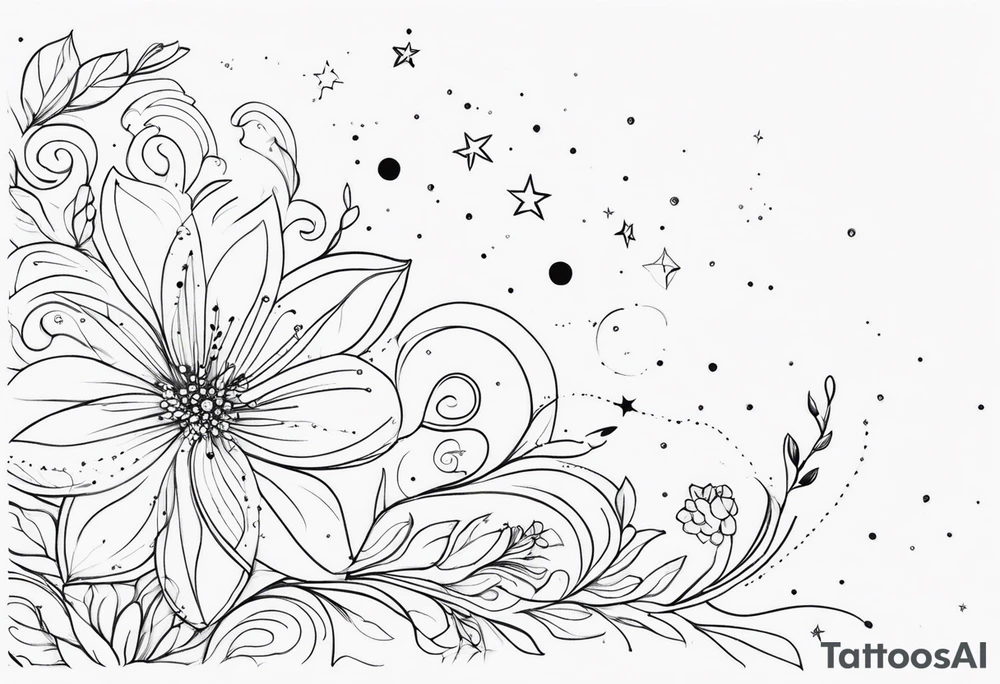 fine line floral with stars, swirls, dots tattoo idea
