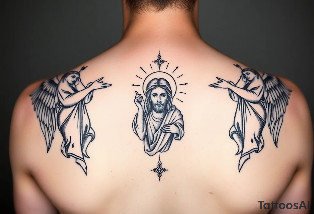 russian orthodox symmetrical guardian angel icon on left and right side of back with both angels holding up a jesus potrait tattoo idea