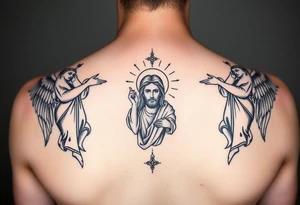 russian orthodox symmetrical guardian angel icon on left and right side of back with both angels holding up a jesus potrait tattoo idea