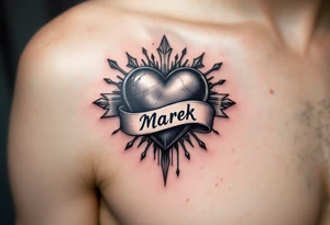 A metallic silver heart with a banner wrapped around it that reads Marek. tattoo idea