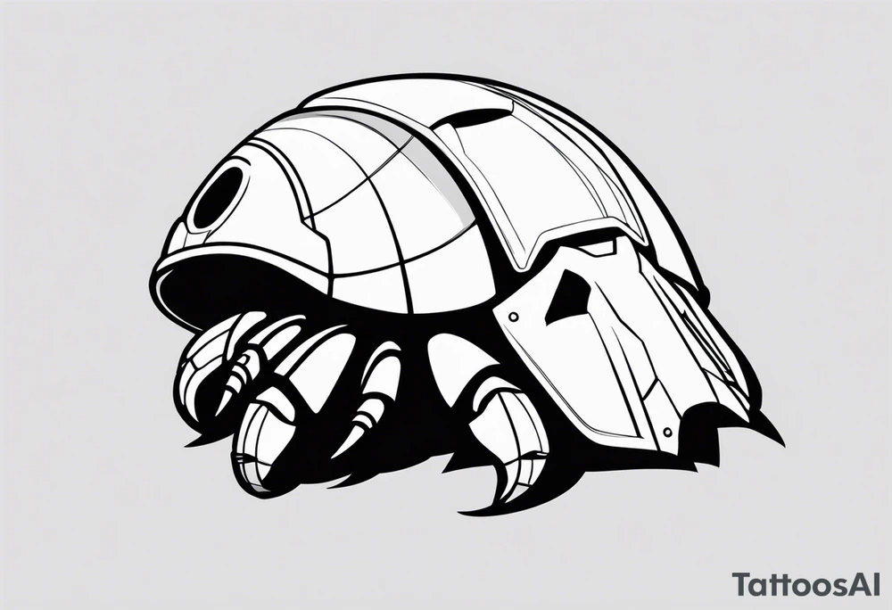 "A minimalist cartoon hermit crab with a Stormtrooper helmet as its shell, black and white, clean lines, simple shapes, the crab's body emerging from the bottom of the helmet, a few legs and claws visible, eyes peeking out from under the helmet, minimalist tattoo style." tattoo idea