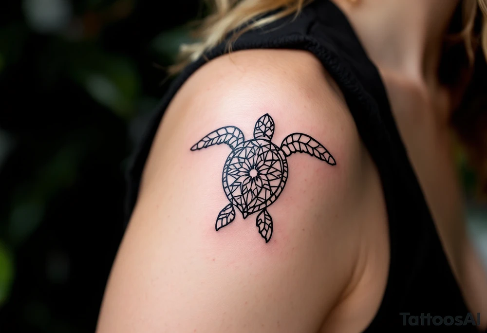 Minimalist fine-line sea turtle – A delicately outlined sea turtle in clean black ink, featuring simple, flowing lines with soft curve details on the shell and flippers. The shell is subtly patterned with geometric or mandala-style elements, creating a calm, elegant, and peaceful ocean-inspired design. tattoo idea
