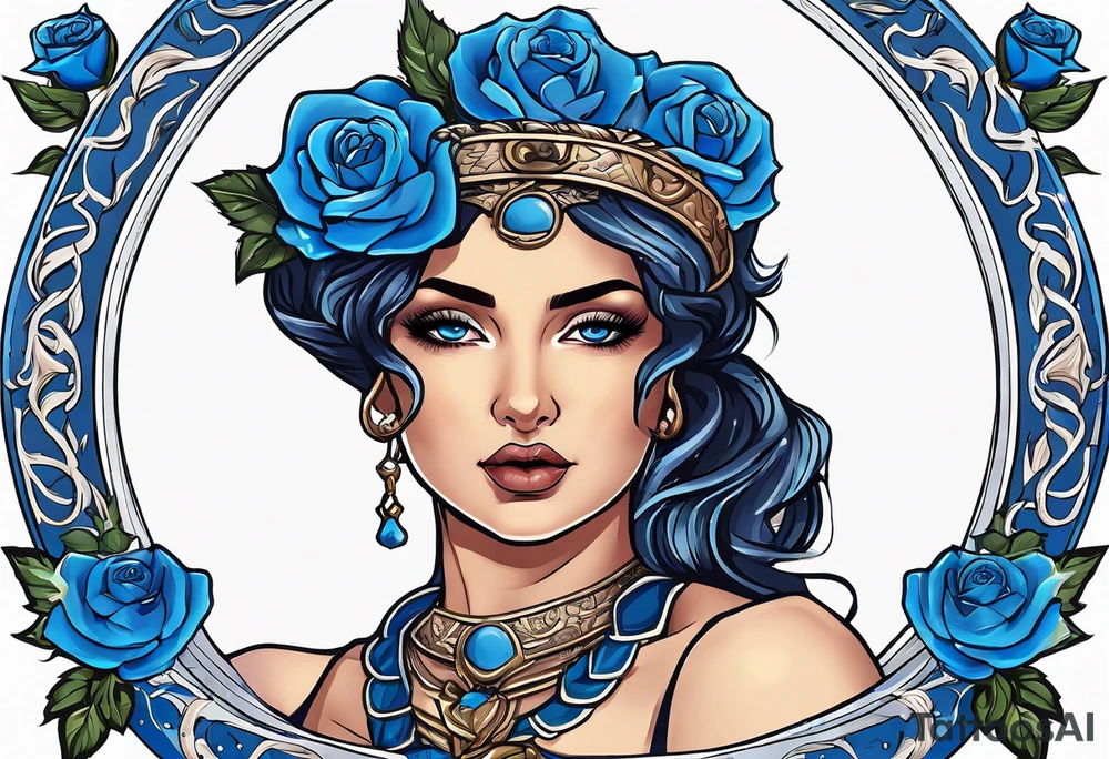 ancient rome clothes women, with scale in one hand blue rose frames, justicia tattoo idea
