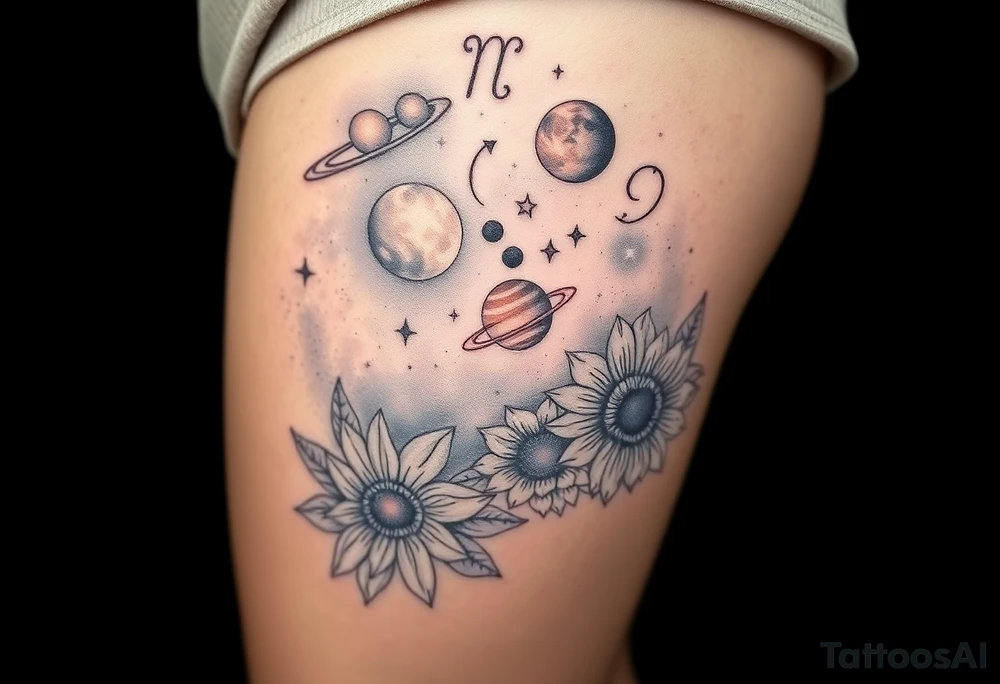 Milky way galaxy with planets with zodiac symbols and protection runes in it with tigerlillies roses and sunflowers tattoo idea