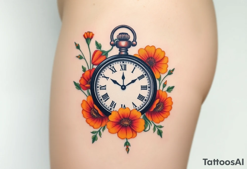 Beautiful pocket watch surrounded by red, orange and yellow marigolds tattoo idea