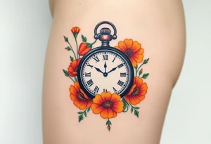 Beautiful pocket watch surrounded by red, orange and yellow marigolds tattoo idea