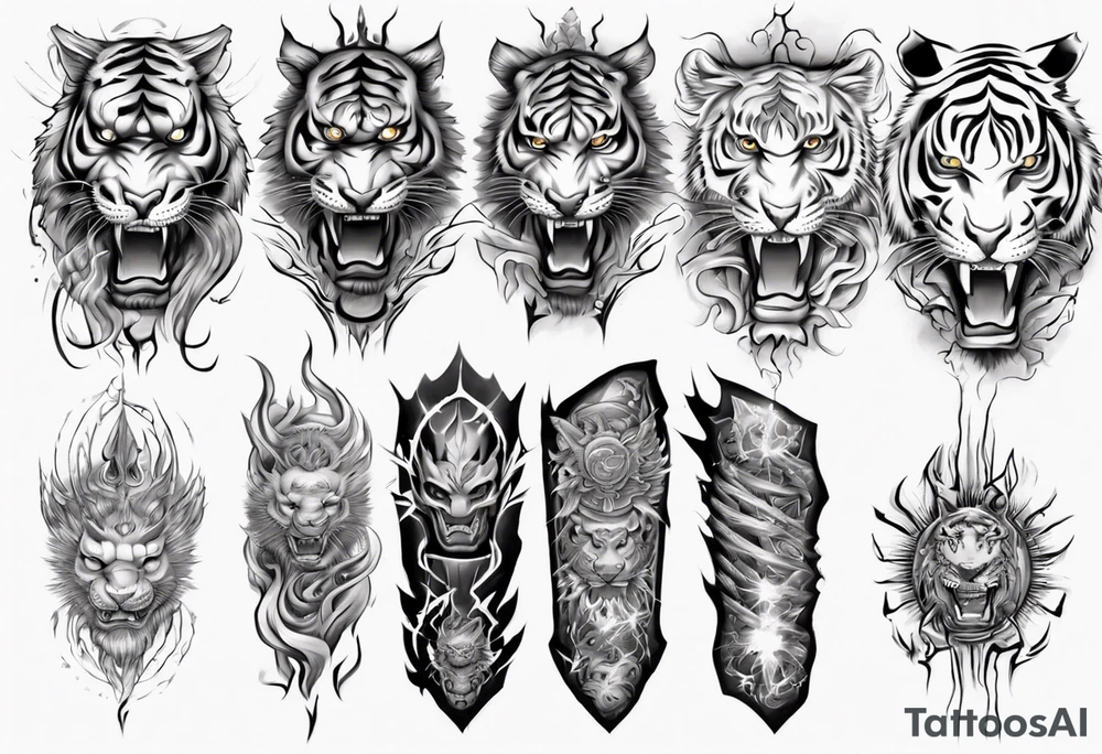 Tiger Warrior sleeve tattoo with lightning and the sun
Forearm sleeve tattoo idea
