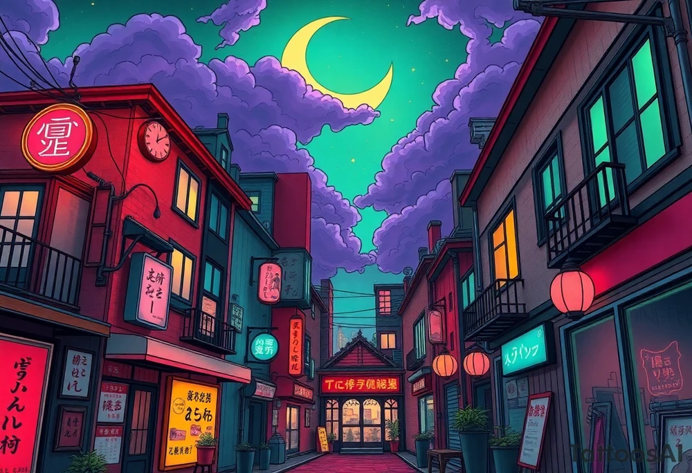 Tim Burton’s haunted pastel Tokyo apartment from the street view is littered in neon signs and dripping with muted reds, dusty pinks, and eerie green glow.purple and cyan smokey clouds swirl in the crescent moonlit sky thats sprinkled with stars tattoo idea tattoo idea