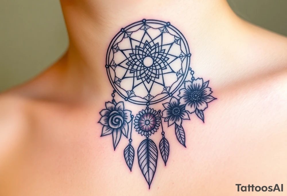 Dreamcatcher with zodiac symbols and protection runes caught in it with tigerlillies roses and sunflowers tattoo idea