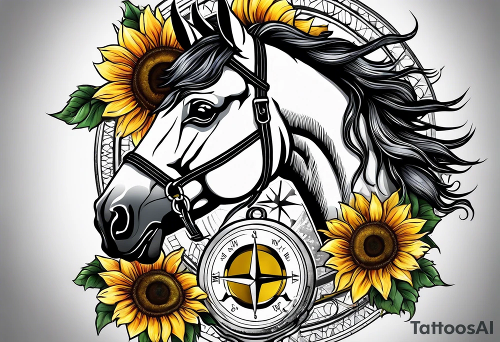Horse, compass, sunflower tattoo idea
