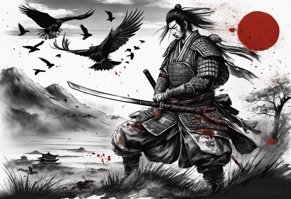 A tired samurai wounded from battle holding his helmet in one hand and in the other hand his sword with a mixture of blood and dirt, wearing his dirty armour he is steeping above some body's from the battle in open field and looking vaguely ylto the horizon while crows are flyting above him and the corpses tattoo idea