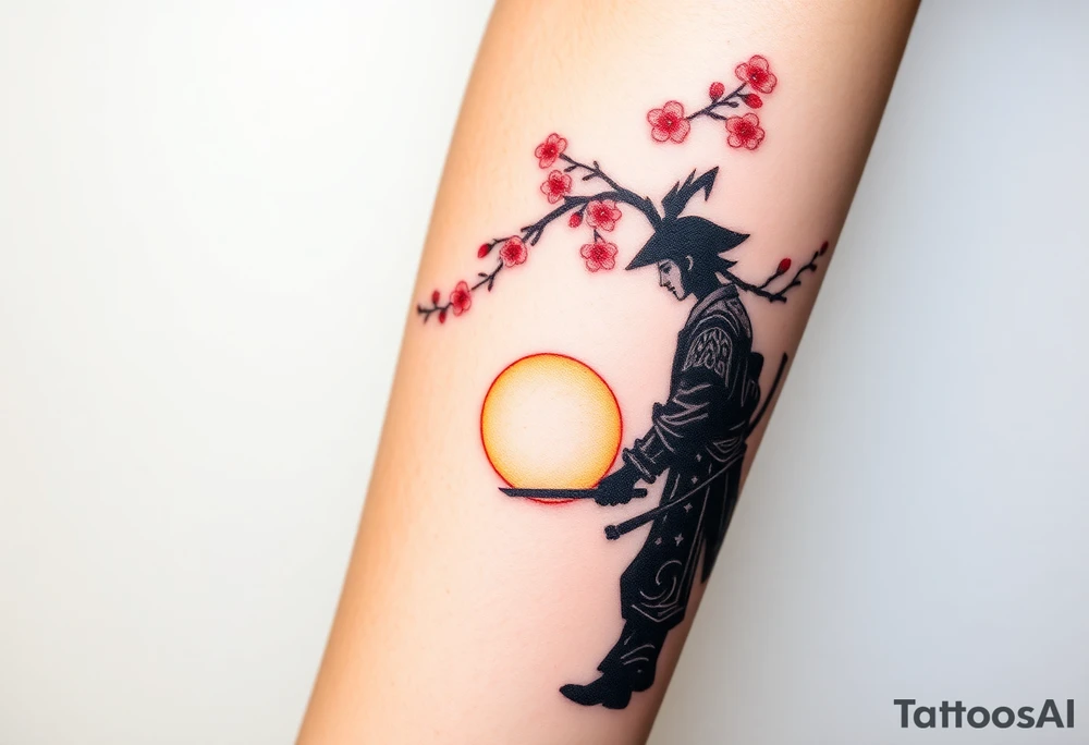noble samurai warrior silhouette at sunset with cherry blossoms tattoo idea