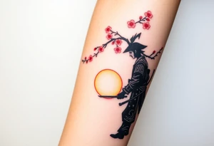 noble samurai warrior silhouette at sunset with cherry blossoms tattoo idea