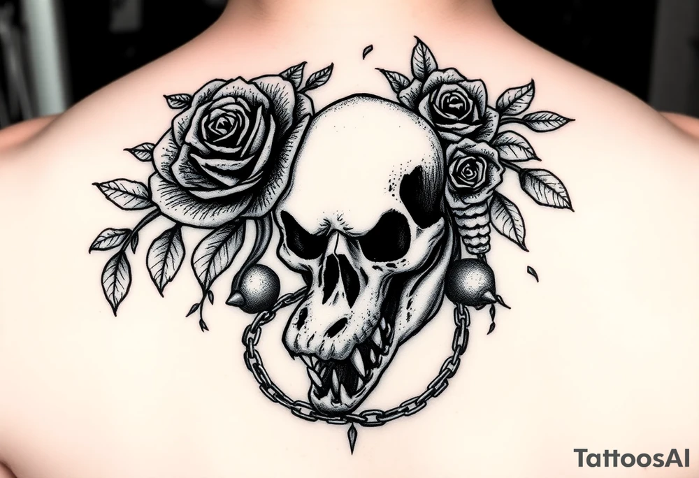 gothic fairy tale vibe we talked about: dark, thorny roses, skulls peeking through shadows, a bit of wild creature energy. Not perfect matches, but imagine tweaking 'em—rose from the eye, gator coiled like a guardian. This one's got that moody frame, vines creeping in—easy to swap in your Tudor rose and skull. Full-back chaos with skulls and chains... add the alligator jaws clamping down, and boom. tattoo idea