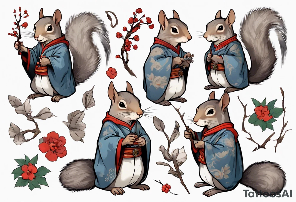 a grey squirrel dressed in a medieval tunic holding a silver branch tattoo idea