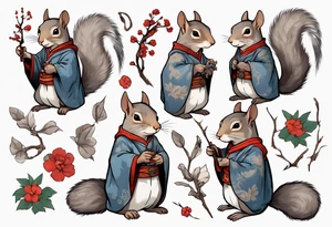a grey squirrel dressed in a medieval tunic holding a silver branch tattoo idea
