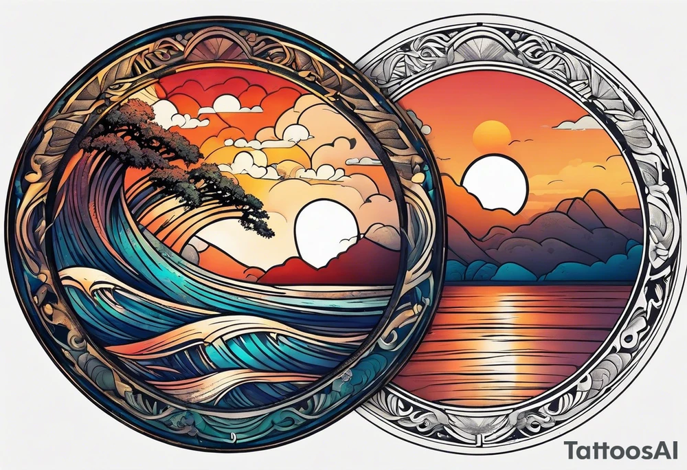 Round tattoo, inside sunset and sea with retro look tattoo idea