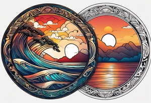 Round tattoo, inside sunset and sea with retro look tattoo idea