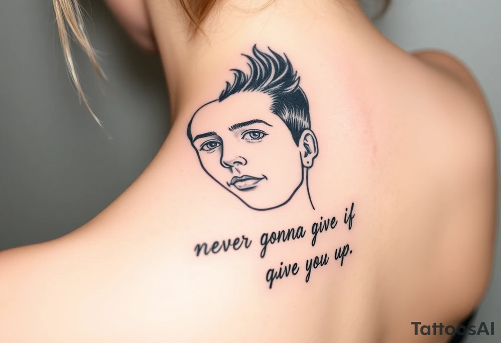 Young Rick Astley Face with Never Gonna Give You Up text tattoo idea