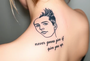 Young Rick Astley Face with Never Gonna Give You Up text tattoo idea