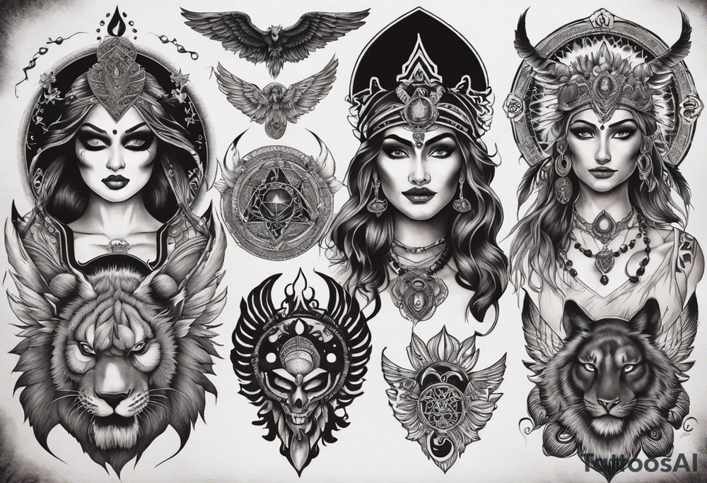 black kali, goddess pirate, alien, angel, pachamama, valkrye, warrior, flying, skull, lotus azul, wing, eagle, zenza resonance, stars, 5D, anahata chakra, death, durga, riding on a tiger, flying lady, kundalini, chest tatoo tattoo idea