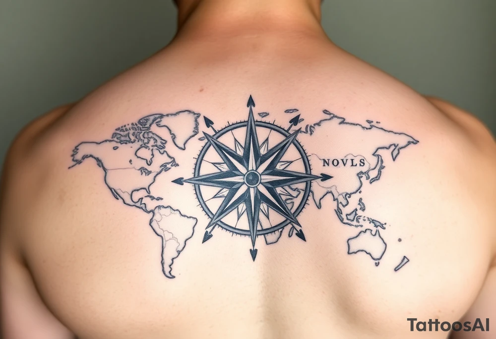 antique compass rose overlaid on weathered world map with sailing ships tattoo idea