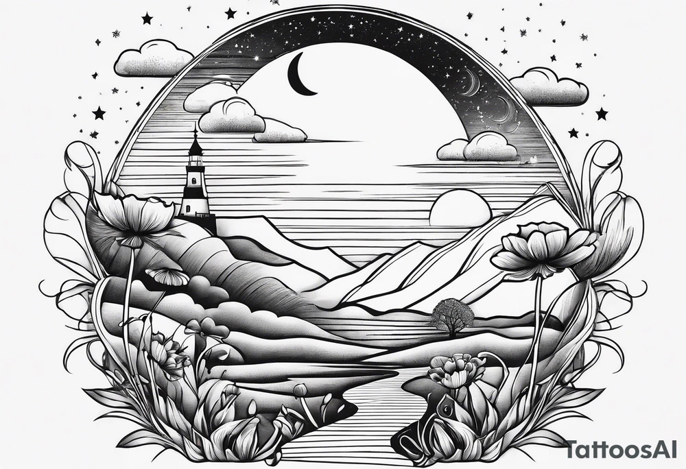 fine line vertical spine tattoo with stars, moon, clouds, poppy dainty tattoo idea
