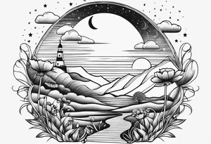 fine line vertical spine tattoo with stars, moon, clouds, poppy dainty tattoo idea