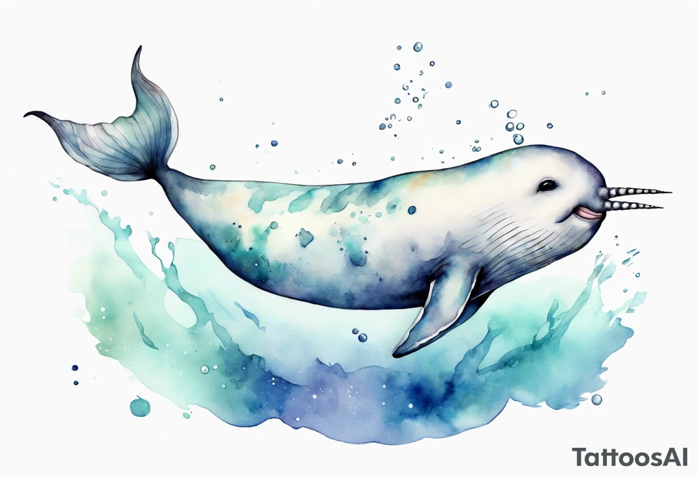 a melancholy watercolor painting of a realistic white narwhal swimming tattoo idea