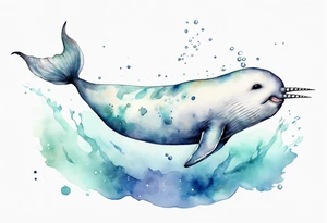 a melancholy watercolor painting of a realistic white narwhal swimming tattoo idea