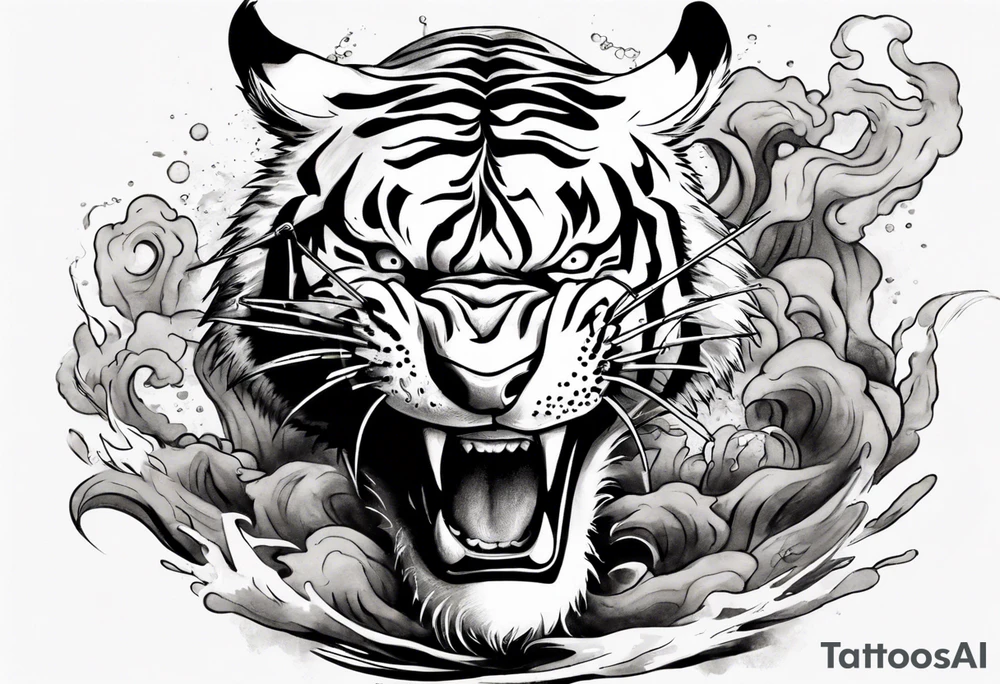 Ferocious Tiger roaring using ancient Japanese ink tattoo idea