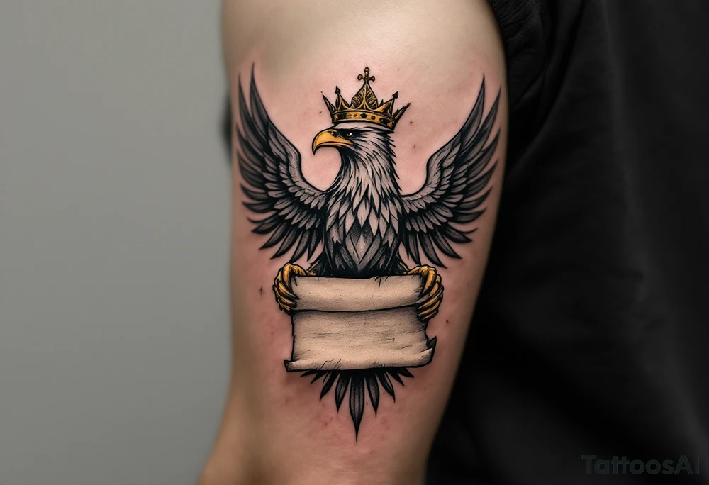 The Silesian eagle with golden crown gripping an ancient parchment slightly burnt, giving it an aged and mystical appearance. tattoo idea