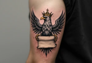 The Silesian eagle with golden crown gripping an ancient parchment slightly burnt, giving it an aged and mystical appearance. tattoo idea