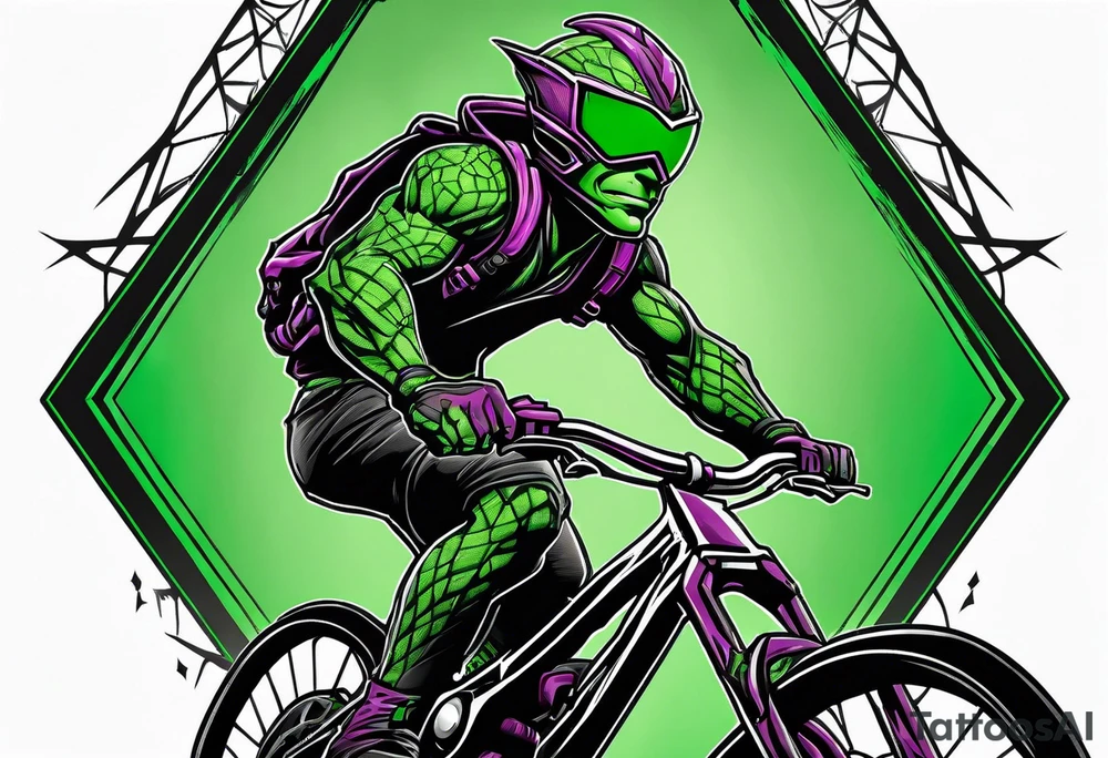 Green goblin riding a full suspension carbon fiber mountain bike tattoo idea