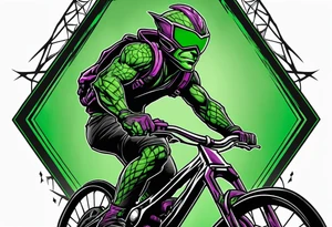 Green goblin riding a full suspension carbon fiber mountain bike tattoo idea