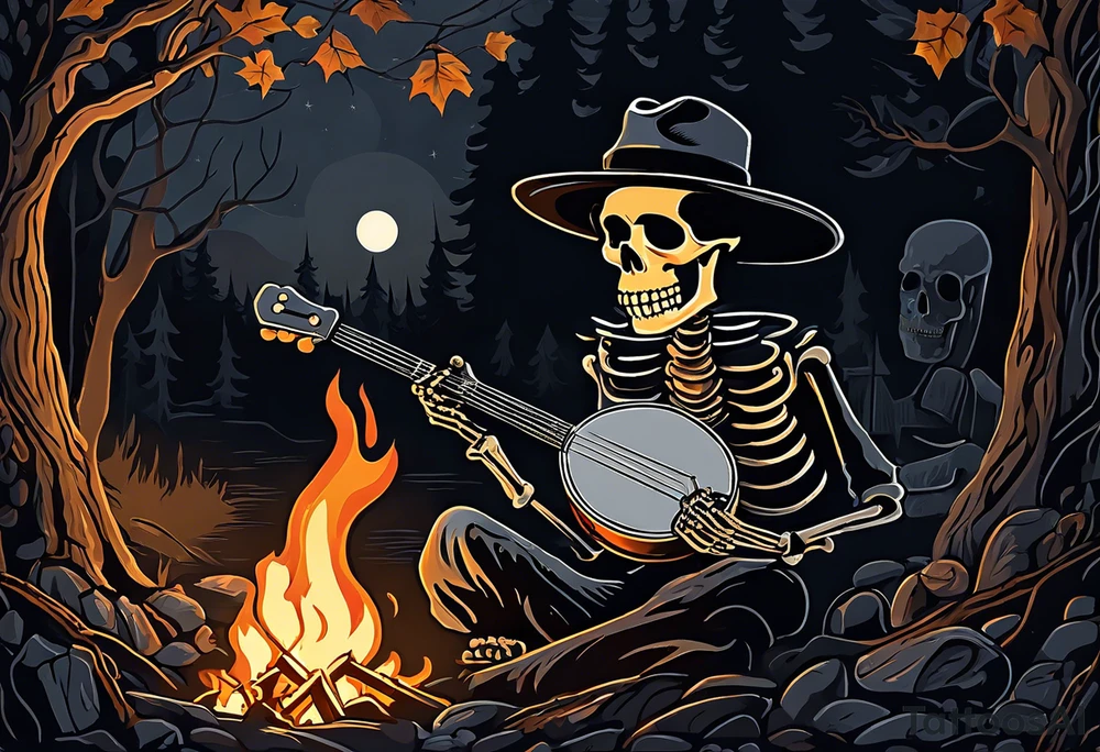 Foreground: The skeleton in a coal miner's hat, animatedly playing the banjo. The light from the campfire illuminates the skeleton and the nearby surroundings, casting intricate shadows.
Midground: The glowing campfire, with flames realistically designed in black and grey shades to emphasize movement and light.
Background: Subtle outlines and shading of rhododendron plants, giving a natural and dense feel to the woods. These can be stylized to blend seamlessly with the style of the tattoo.
Sky: A night sky speckled with stars, adding depth and a sense of time to the scene, with the stars providing a contrast against the dark sky. tattoo idea