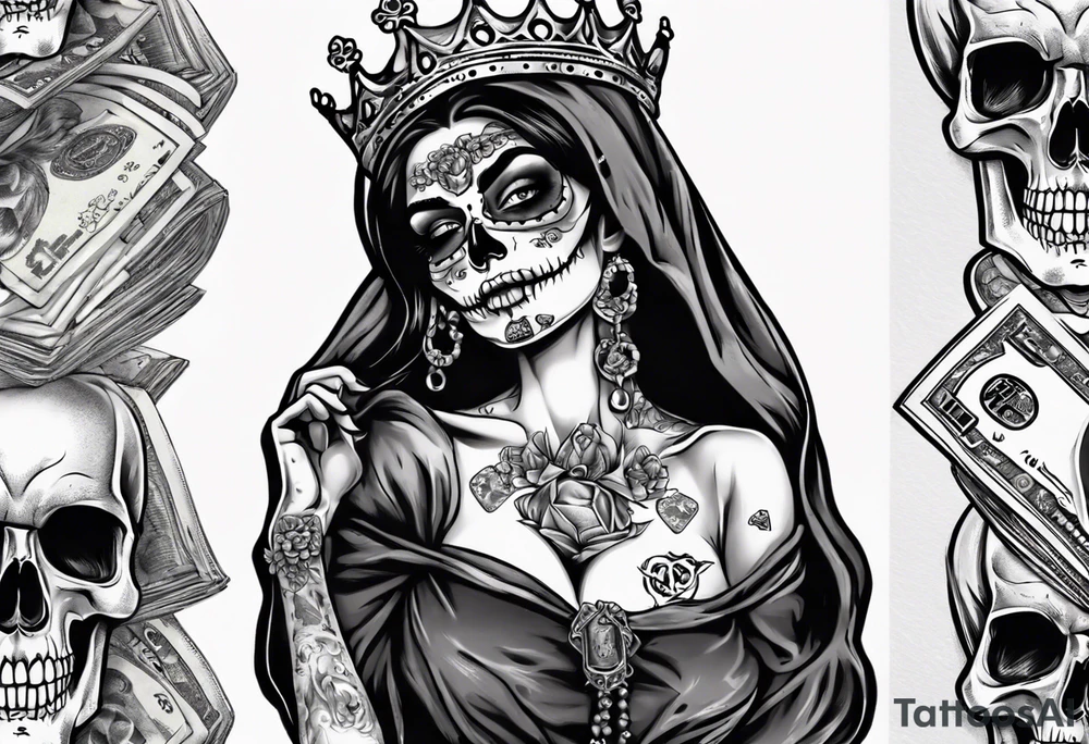 santa la muerta with money and crown
on the card tattoo idea