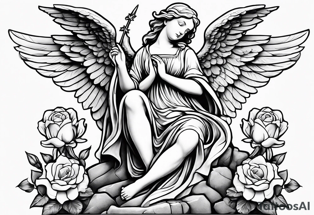 Simple Angel statue stood on a rock with daffodils and roses wrapped around its legs tattoo idea