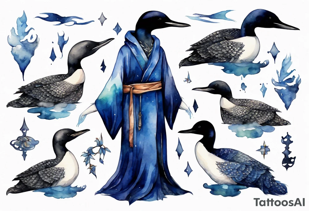 a loon wearing a dark blue robe, mystic tattoo idea
