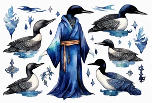 a loon wearing a dark blue robe, mystic tattoo idea