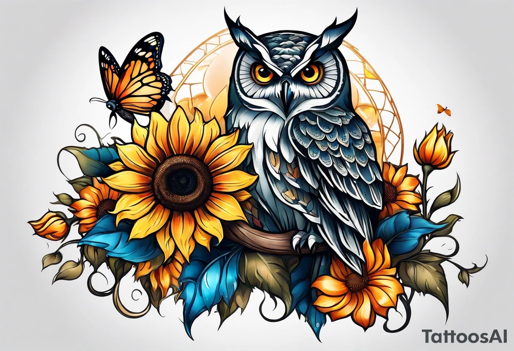 Sleeve with a owl sunflower and butterfly tattoo idea