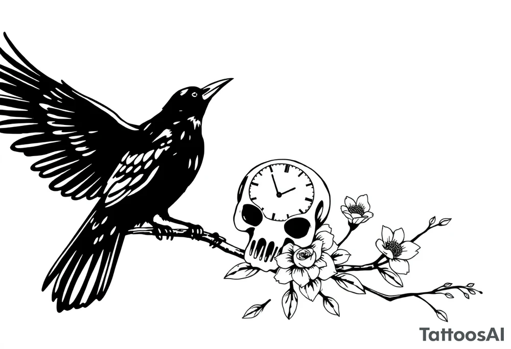 raven looking over its shoulder on a branch skull and clock and flower tattoo idea